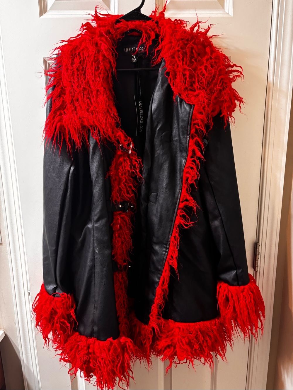 DOLLSKILL Black Faux Leather Coat with Red Faux Fur Trim